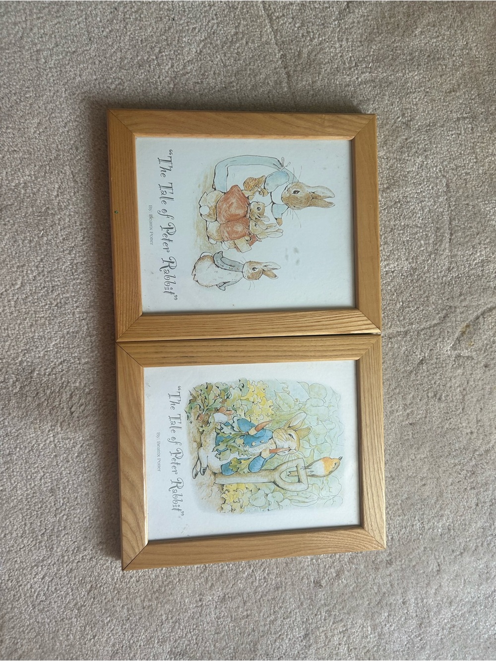 Peter Rabbit Illustration Wall Art Pair in Light Wood Frame - Blue & Tan